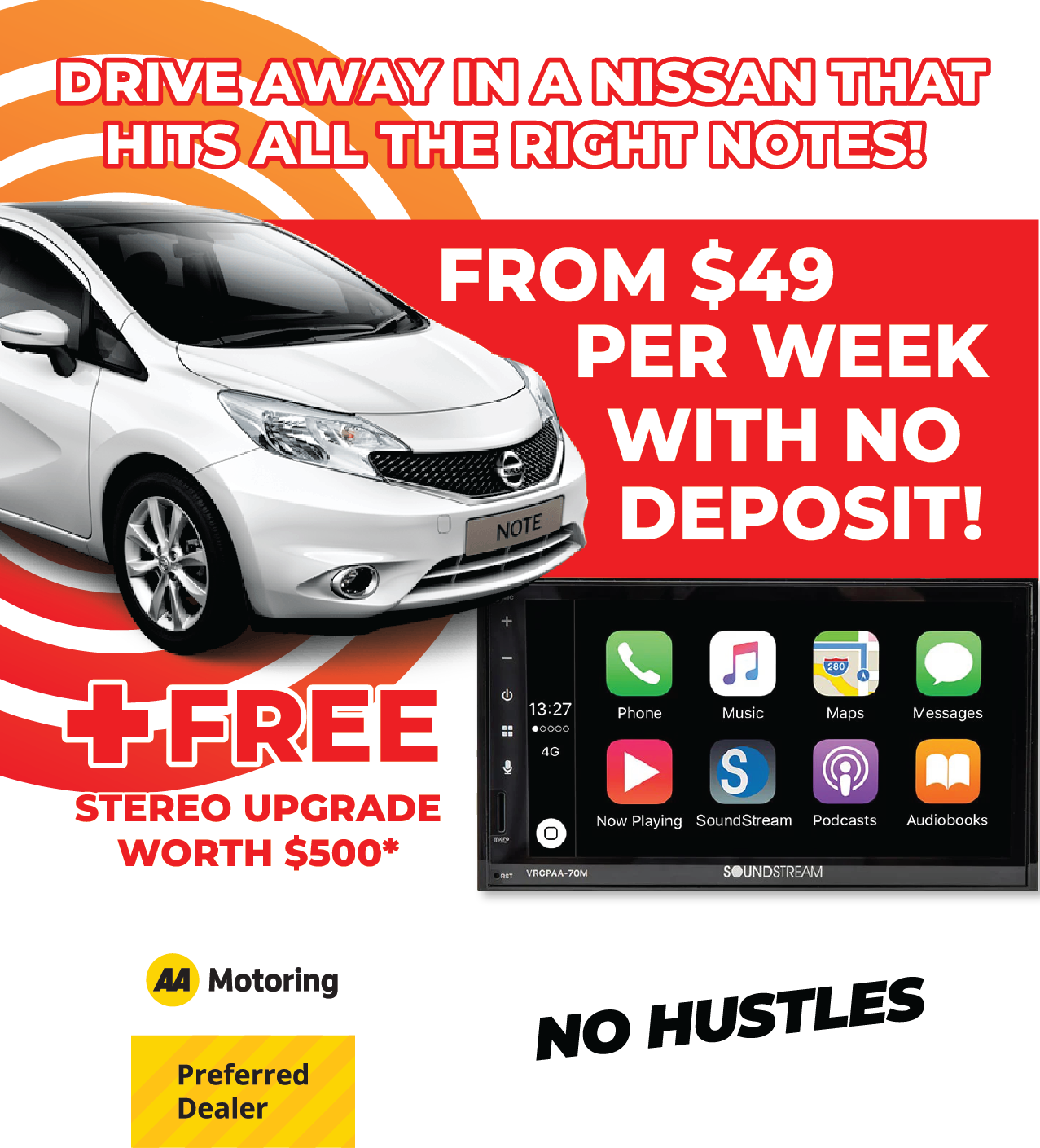 nissan note from $49 per week plus free stero upgrade woth $500 at portage cars